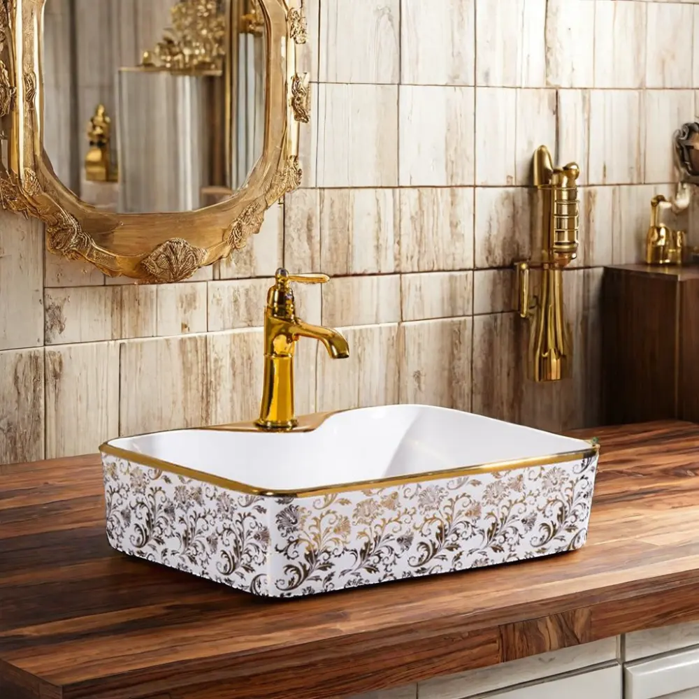Gold Plating Vintage Luxury Table Top Porcelain Bathroom White and Gold Ceramic Vessel Sink