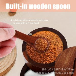 Wooden Double Layer Spice <b>Jar</b> With Spoon Airtight <b>Kitchen</b> Seasoning Container <b>For</b> Salt Sugar <b>Storage</b> - Product Image 3
