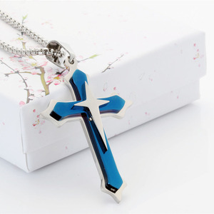 yunnique <b>Cross</b> Pendant Necklace Stainless Steel Blue Inlay Unisex Gift Jewelry - Product Image 5
