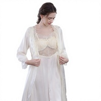 Ensemble pyjama deux pièces sexy et respirant en soie glacée pour femme, style français, avec caraco et robe de nuit longue au-dessus du genou à rembourrage intégré