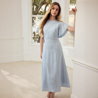 Robe midi en ramie bleu clair pour femme, col rond, manches festonnées, taille cintrée, robe d'été pour invitée de mariage