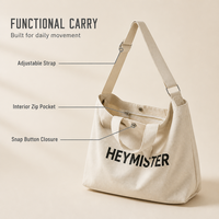 Sac fourre-tout en toile à bandoulière avec sangle réglable, poche intérieure zippée, fermeture à bouton-pression, vente en gros, personnalisable OEM pour usage quotidien