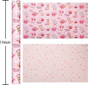 Papel de regalo vaquero rosa para mujer, sombrero vaquero rosa, tacones altos, estrellas rosas impresas por ambos lados, personalizable - Product Image 2