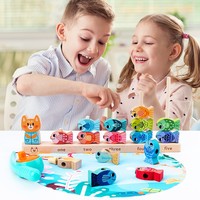 Juguete de Pesca de Madera 2 en 1, Juego de Apilamiento de Peces, Juego de Contar Números, Juego de Coordinación Mano-Ojo Montessori para Niños Pequeños, Niños y Niñas