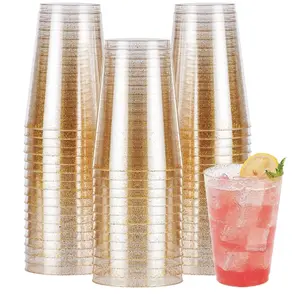 9oz 10oz 12oz 14oz 16oz Glitter Gold Disposable Plastic PS Cups for Party Plastic Cocktail Glasses