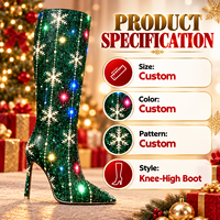 Bottes de Noël en gros, hauteur genou, vertes, à paillettes, imprimé flocon de neige, talons aiguilles, bout pointu, pour fêtes et événements festifs