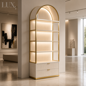 Modern Cream Arched Retail Showcase Back <b>Wall</b> Display Cabinet LED Lit Fluted Shelving <b>Unit</b> for Salon Boutique Cosmetic Store - Product Image 4