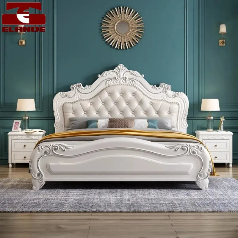 Customized European Luxury royal antique wooden carving bedroom furniture sets genuine leather 5 star hotel bed Customizable