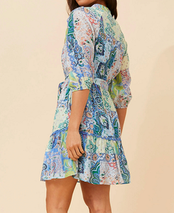 Minivestido bohemio con estampado de Paisley para mujer, con mangas cortas, cintura con cinturón y falda escalonada para vacaciones de verano - Product Image 3