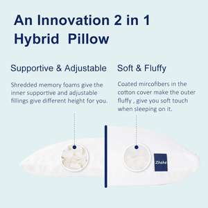Oreiller hybride de luxe de haute qualité, réglable, double couche, alternative au duvet, mousse à mémoire de forme déchiquetée, blanc, pour les dormeurs sur le côté/le dos - Product Image 4