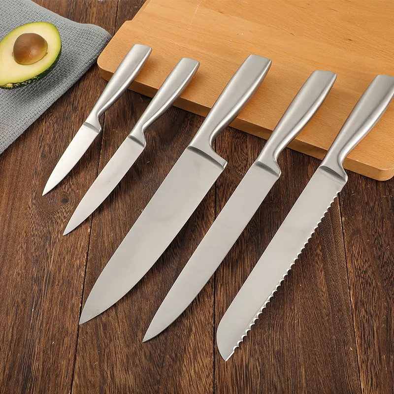 Vendita calda durevole lama affilata per uso domestico in acciaio inossidabile argento 5 pezzi di Set di coltelli da cucina con manico cavo