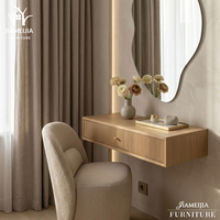 Ensemble de meuble-lavabo mural contemporain avec miroir LED de forme irrégulière et éclairage d'ambiance, coiffeuse flottante, mobilier de chambre moderne