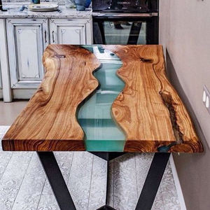 Tavolo da Pranzo in Legno Massello con Resina Epossidica Effetto Fiume, Tavolo in Legno Bordo Vivo con Resina Blu Trasparente, Arredamento Moderno per Ristoranti e Caffè - Product Image 4