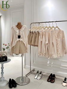 Lace Trim Ruffle Neck Shorts Set Vietnam Casual Chic V Neck Long Sleeve <b>Linen</b> Blend <b>Two</b> <b>Piece</b> Shorts Set - Product Image 6