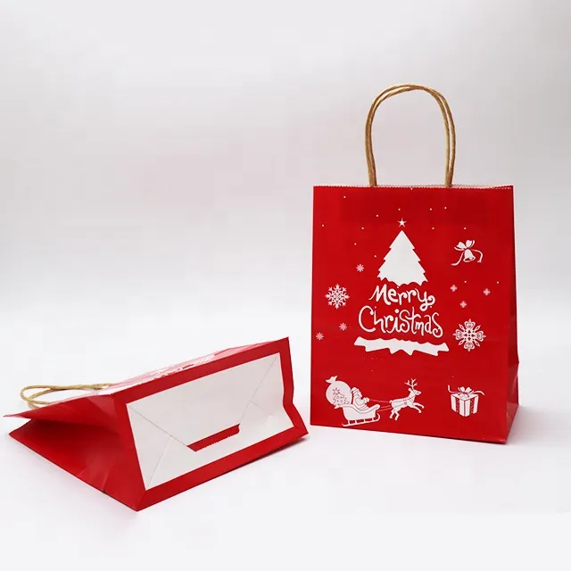 Рождественская тематика, красный бумажный пакет для покупок, Подарочный пакет с ручкой для рождественских поздравительных конфет, подарочная упаковка
