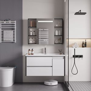 Cream style <b>bathroom</b> <b>cabinet</b> modern minimalist <b>bathroom</b> ceramic integrated basin washbasin smart basin - Product Image 4