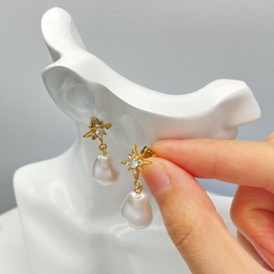 Wholesale 18K Gold Stainless Steel Star Rhinestone <b>Stud</b> <b>Earrings</b> Irregular Baroque Pearl Dangle Drop <b>Earrings</b> Women Fashion Jewe - Product Image 3