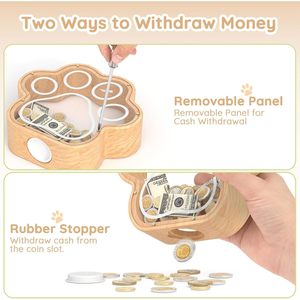 Hucha de madera con forma de pata de gato y tapa de acrílico, para guardar monedas y billetes, de madera maciza, para niños de 5 a 7 años - Product Image 5
