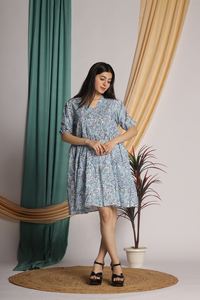 Élégant été dames 100% coton robe à manches longues à volants à plusieurs niveaux motif floral tailles 6XL naturel Sexy bouton décontracté - Product Image 6