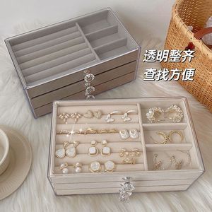 Three-tier jewelry <b>box</b> for rings, pendants, <b>earrings</b>, and studs; minimalist Korean-style grid design. - Product Image 2