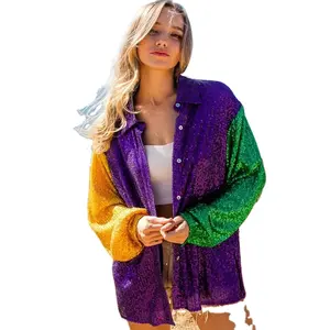 Mardi Gras – chemise tunique à paillettes avec blocs de couleurs, chemisier surdimensionné violet or vert à paillettes