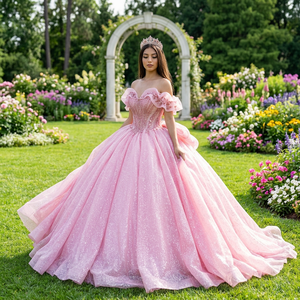 Robes de Quinceañera roses Dy1279 à sequins, robe de bal avec traîne chapelle, décolleté cœur, pour soirée Jancember - Product Image 1