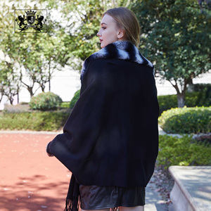 Janedur <span class=keywords><strong>donna</strong></span> inverno nappine in maglia di lana con collo di pelliccia di coniglio nero Pashmina sciarpe in maglia Poncho con collo di pelliccia - Product Image 2