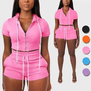 Women's Spring Summer Pink Lounge Wear Track Suit Custom Tracksuit Shorts 2 Piece Biker Short Crop Top Hoodie Set For Women