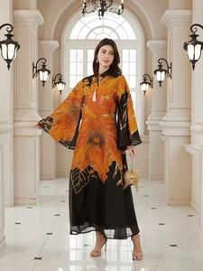 Abaya de Poliéster de Lujo Hecha a Mano <span class=keywords><strong>para</strong></span> Mujeres Musulmanas, Elegante Diseño Floral Dorado, Estilo Boda, Larga hasta el Suelo, Manga Larga con Detalle de Borlas - Product Image 4