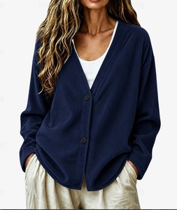 Cardigan en tricot côtelé bleu clair pour femme, col en V, boutons sur le devant, pull oversize pour l'automne et l'hiver, tenue décontractée - Product Image 2