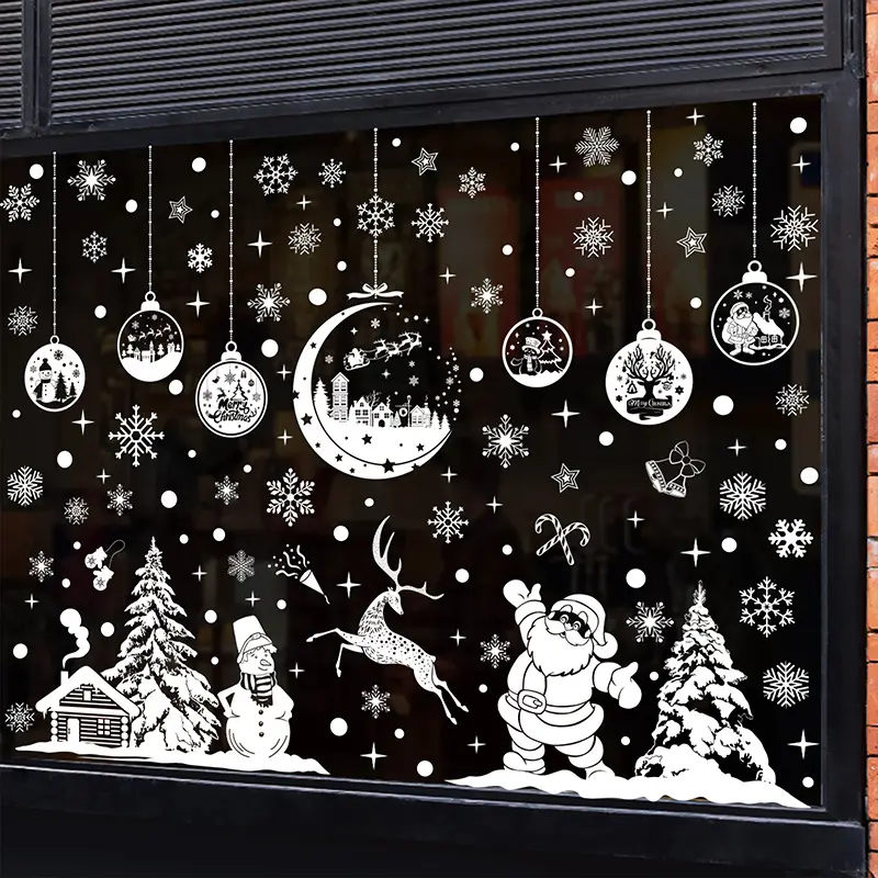 Autocollants de fenêtre de Noël Père Noël Boule suspendue Elk de Noël Centre commercial Fenêtre Verre Autocollants de fenêtre électrostatiques