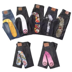 Five-point <strong>High</strong> <strong>Waist</strong> Nylon/Cotton Men's Streetwear Hip-Hop Summer Printed 'Lucky God' Design Oversized Loose-Fit <strong>Denim</strong> <strong>Shorts</strong> - Product Image 1