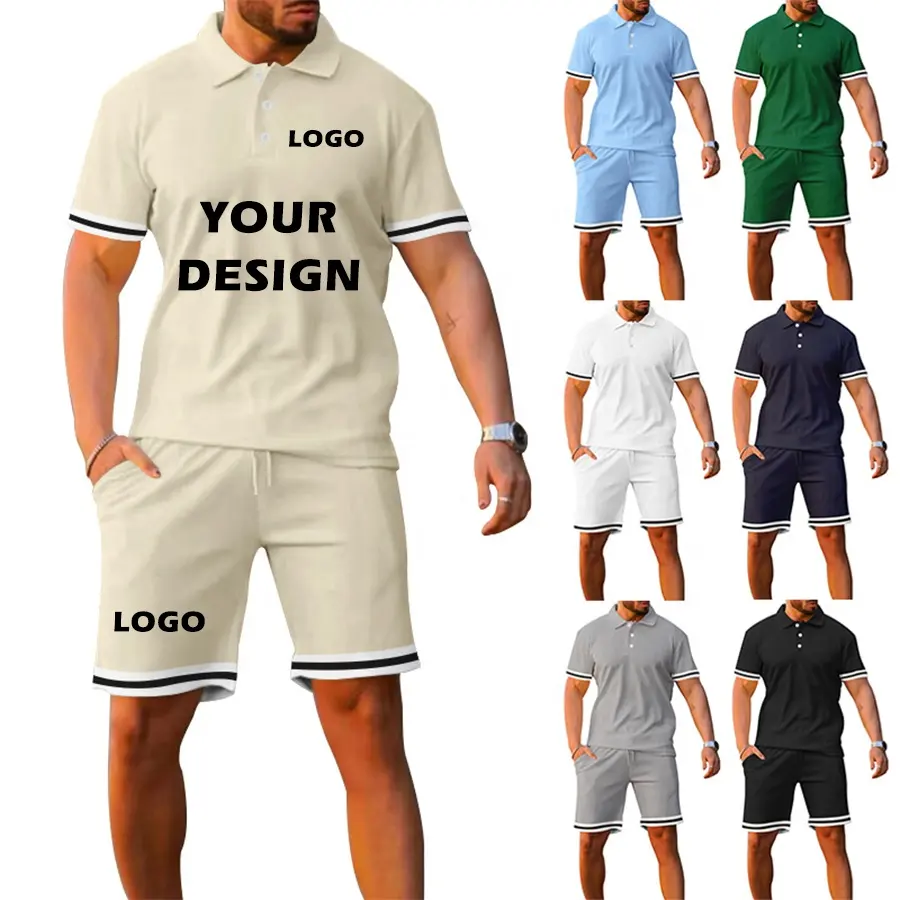 Verano Casual diseñador gran oferta ropa personalizada hombres Logo Polo camiseta pantalones cortos Color sólido hombres botón dos piezas hombres conjunto