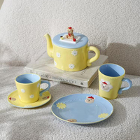 Assiette et service à thé en céramique en forme d'ours en peluche, figurine 3D, imprimé floral coloré, vaisselle en porcelaine pour cadeau