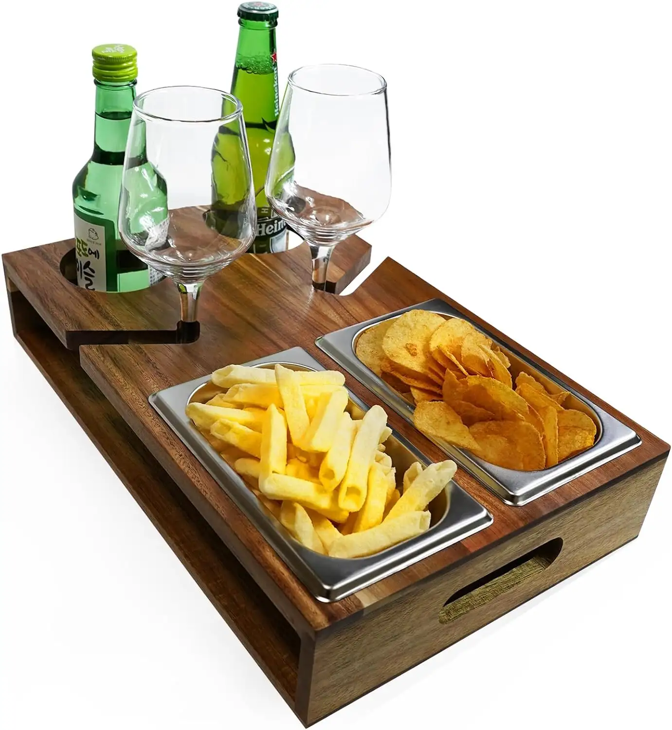 Wood Couch Bar Snack Box Caddy Tray Organizer Sofa Tray with Drink Holder and 2 Stainless Steel Snack Bowls