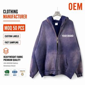 Fabricante de Ropa, Sudaderas con Cierre para Hombre, Estilo Y2K Grunge, Lavado Ácido, Color Morado, Felpa de Algodón Grueso, Personalizadas al por Mayor - Product Image 1