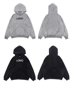 Sweat à capuche oversize patchwork à bords bruts, gris vintage, style streetwear, avec logo personnalisé, vente en gros - Product Image 3