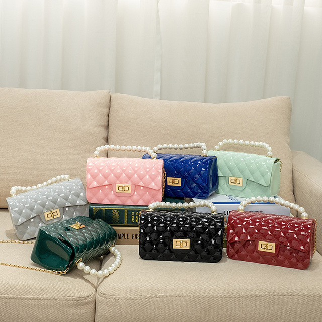 Womens Jelly PVC Bags 2026 Wholesale Small Square Pearl-Embellished Soft Clasp Closure Crossbody Handbags Single Strand Strap
