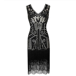 Vintage 1920s Gatsby Evening Dress V-Neck <b>Sequined</b> Tassel Skirt Women's Party Dress Handmade Vintage Style - Product Image 2