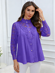 Blusa Joyinspring Primavera/Verano 2026, Talla Grande, Bordada, de Chifón Sólido, Casual, con Encaje, Cuello Redondo y Manga Larga - Product Image 5