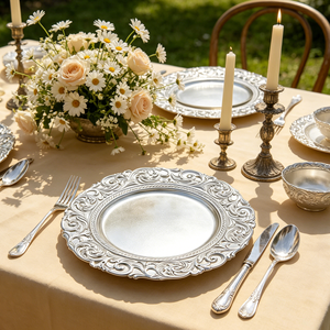 Assiettes de présentation baroques or champagne avec bord festonné orné pour une mise en scène de table de banquet de mariage aux tons <span class=keywords><strong>pastel</strong></span> doux - Product Image 4