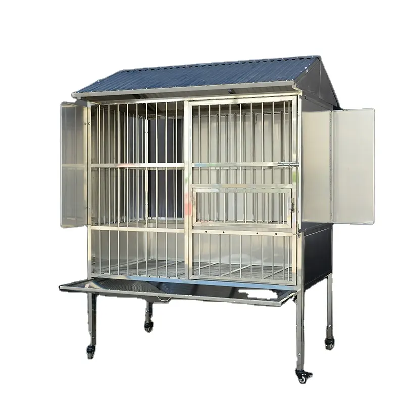 Heavy Duty Metal Dog Kennel Cage Stainless Steel Dog House with Feeding Bowl & Pull Out Tray Dog Kennels