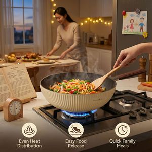 Ceramic Coated Wok Milky White 32 Cm Non-Stick Flat Bottom For Steaming Stewing Cooking With Wooden Handle - Product Image 4