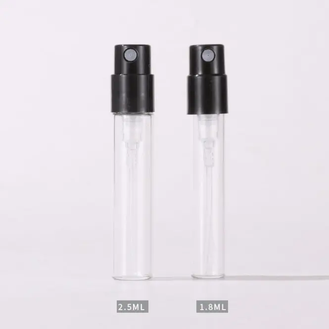 Sample perfume bottles 1ml 1.5ml 1.8ml 2.5ml mini portable clear glass bottle vial with black fine mist sprayer