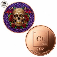Pièce de monnaie en cuivre pur 999 de 1 oz, imprimée en couleur 2D sur mesure, motif Sugar Skull avec roses rouges et filigrane violet, pièce de collection, vente en gros