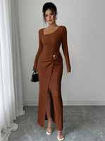 Robe longue en tricot texturé à col irrégulier, couleur unie, nouvelle collection automne-hiver pour femmes