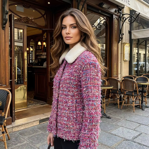 Giacca in Tweed Lussuosa Monopetto Rosa Fucsia da Donna, Blazer Sottile in Bouclé, <span class=keywords><strong>Cappotto</strong></span> Elegante in Lana Primaverile Stile Parigino - Product Image 2