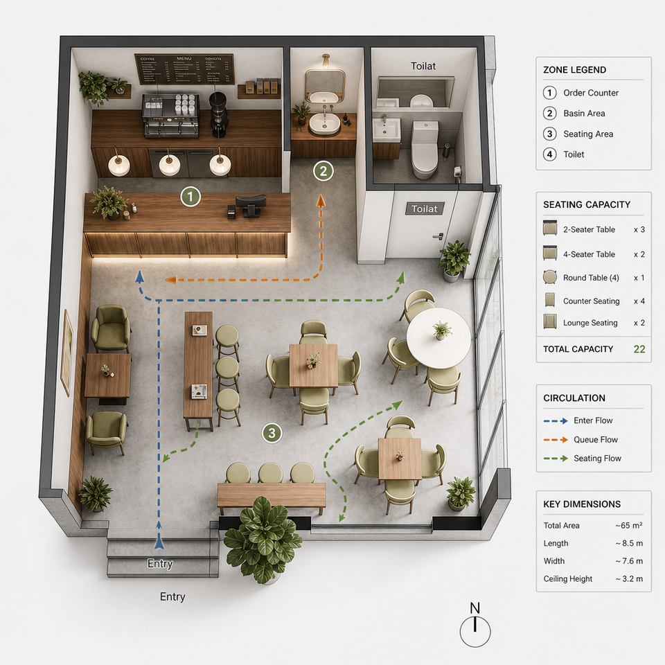 HLX Modern Eco-Friendly Cafe Interior Design 3D Space Planning Custom ...
