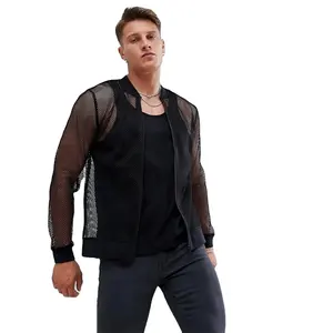 Черная крутая Мужская прозрачная дизайнерская бейсбольная куртка на молнии с открытым подолом и манжетами, сетчатая куртка-бомбер