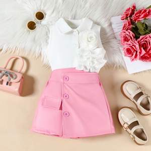 Ensembles deux pièces pour filles d'été, chemise sans manches à fleurs, short à boutons en <span class=keywords><strong>cuir</strong></span>, vêtements pour enfants de haute qualité - Product Image 6